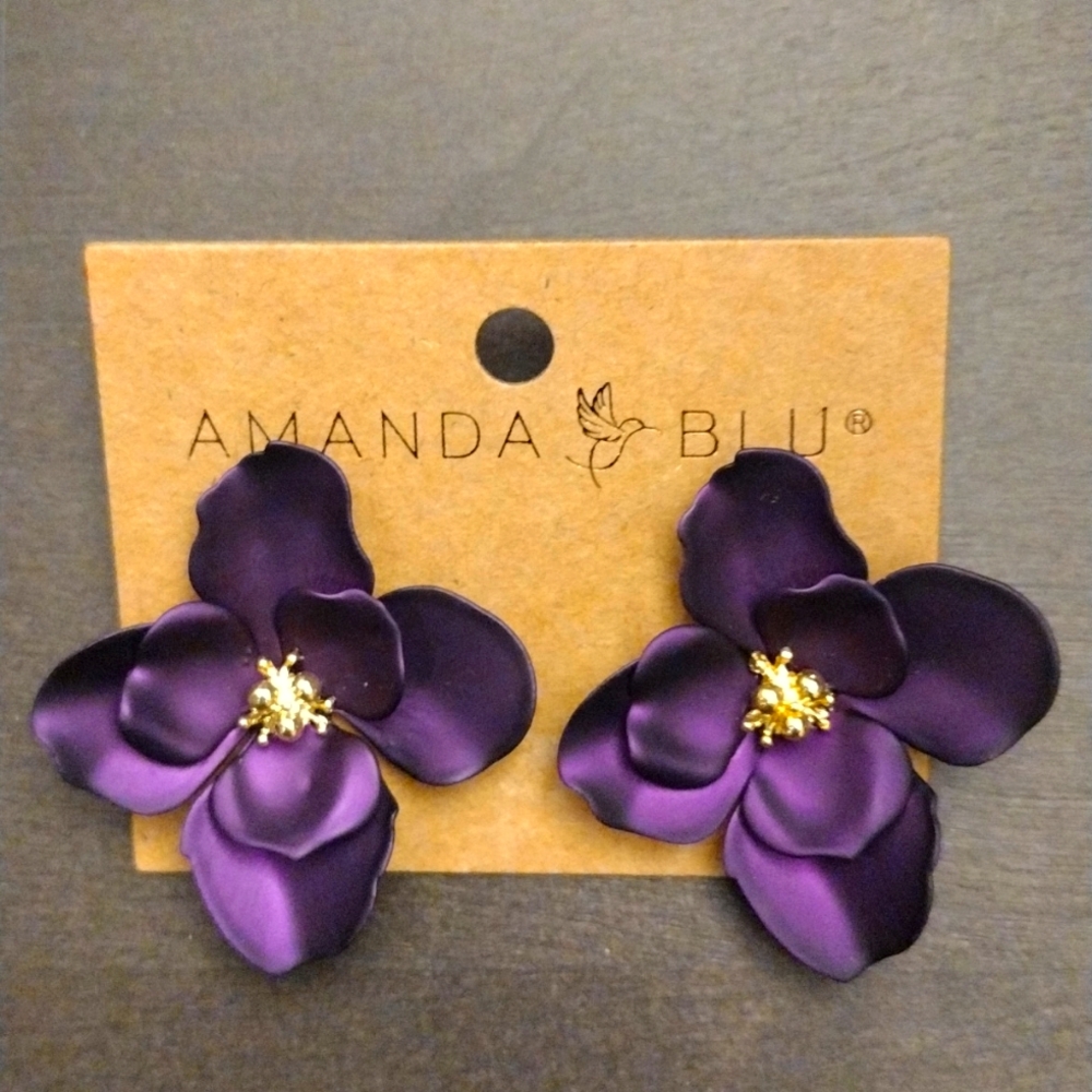 Hand Painted Purple Flower Earrings Brass - Amanda Blu’s